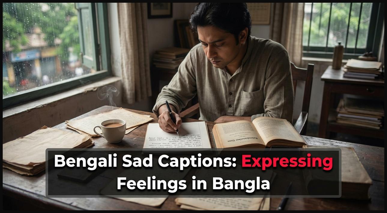 A person writing in a notebook with Bengali script, conveying sad captions and expressing feelings in Bangla for Facebook.