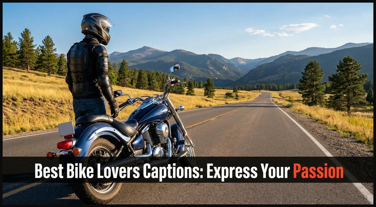 A biker in full gear standing proudly next to their motorcycle on a scenic open road, symbolizing their love for riding.
