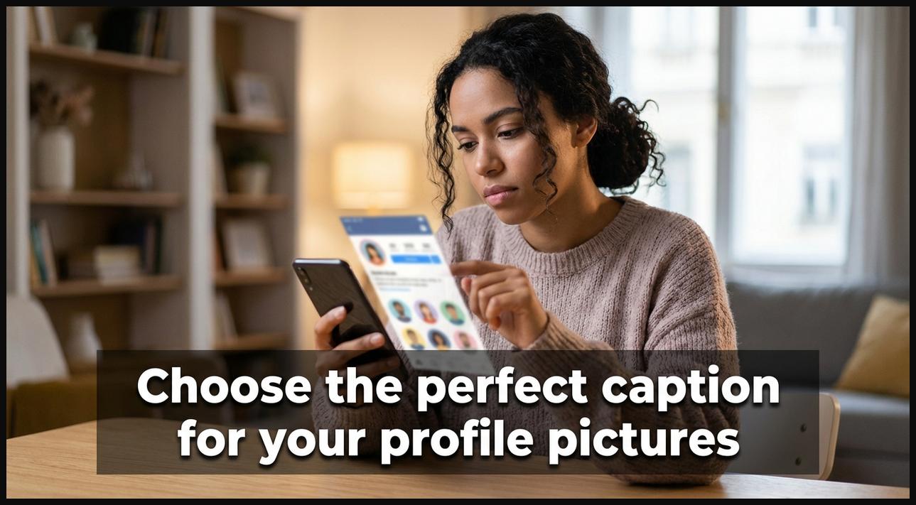 Person looking at a phone with a thoughtful expression, contemplating which caption to use for their profile picture on social media.