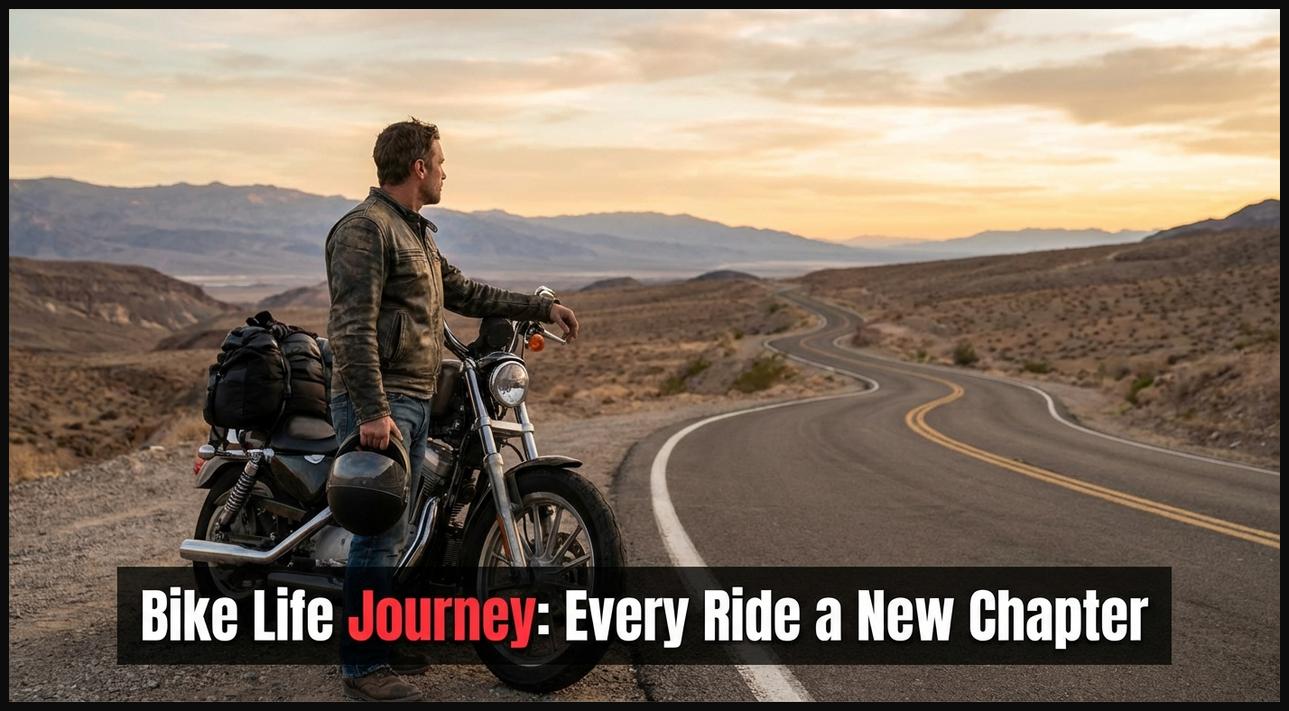 A biker stands next to their motorcycle, gazing at a vast open road, symbolizing the lifestyle of a continuous bike journey.