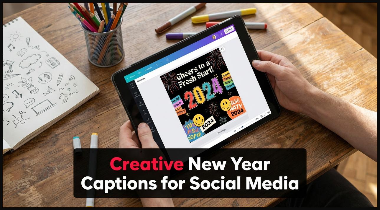 Hands designing a creative New Year social media post on a tablet, with artistic tools on the desk.