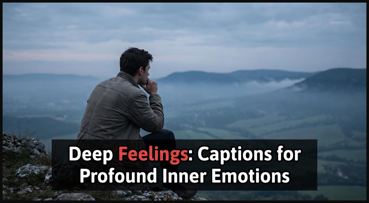 A person in deep contemplation gazing at a vast, misty landscape, symbolizing profound inner emotions for captions.