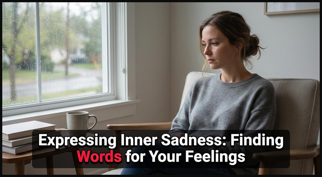 A person looking out a window with a pensive, sad expression, representing inner sadness and the search for words to express feelings.