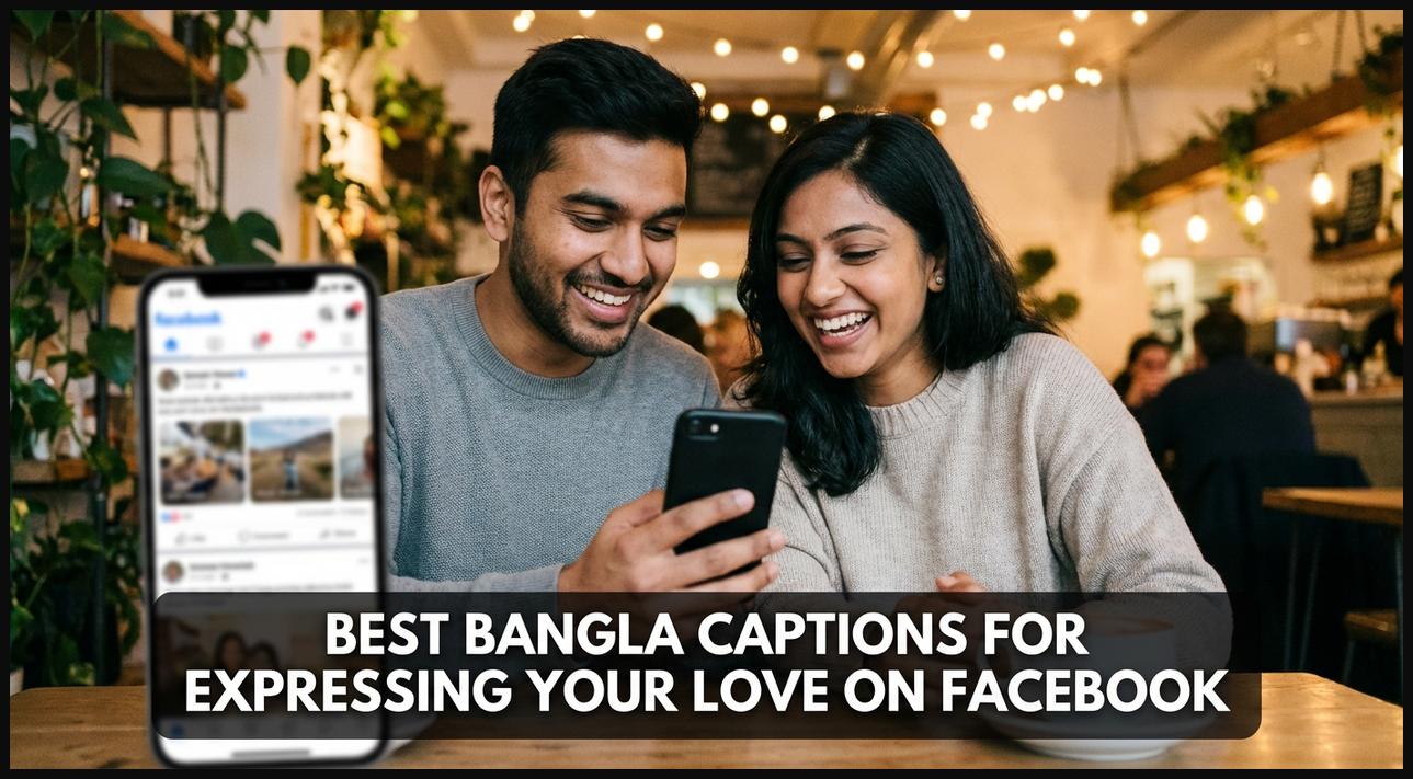 A couple joyfully looking at a smartphone, symbolizing expressing love with Bangla Facebook captions.