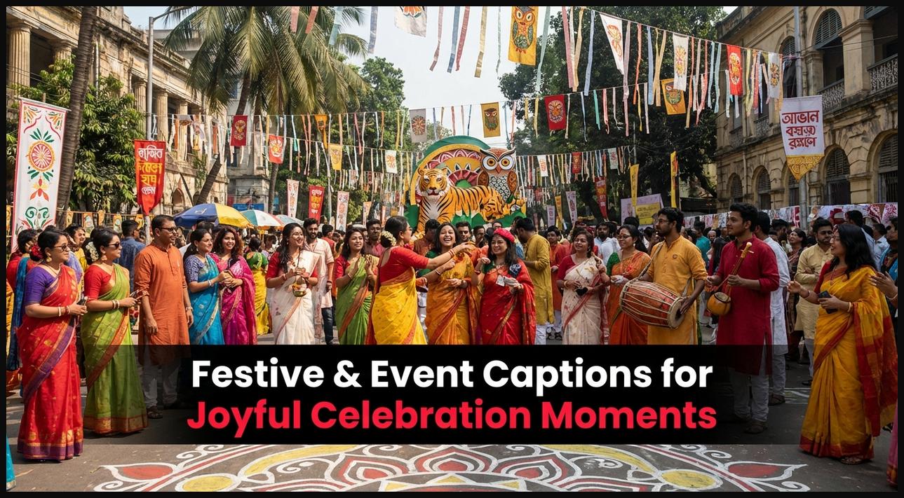 A lively and colorful festive scene with people celebrating, surrounded by decorations and a joyful atmosphere, perfect for event captions.