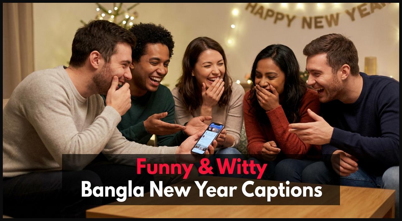 Friends laughing and sharing funny Bangla New Year captions on a smartphone at a casual gathering.