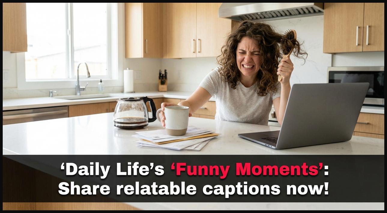 A person humorously dealing with common daily struggles like a messy morning routine, with a caption overlay.