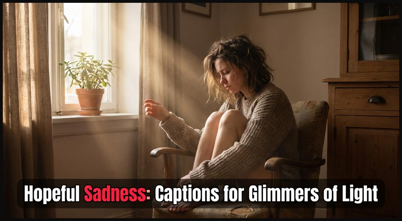 A person in a dimly lit room, with a ray of sunlight on their face, showing hopeful sadness and glimmers of light.