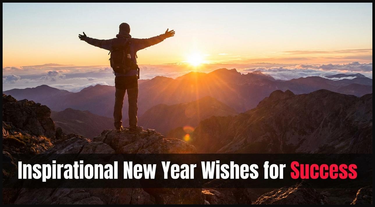Person at a mountain peak at dawn, arms outstretched, symbolizing inspirational New Year wishes for success.