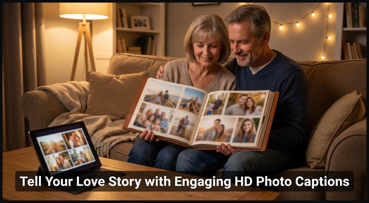 A couple looking at a beautiful photo album, reflecting on their love story captured in HD pictures.