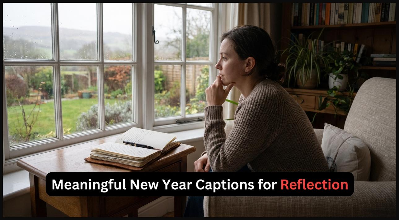 Person sitting by a window, reflecting deeply, with a journal, symbolizing meaningful New Year reflection.