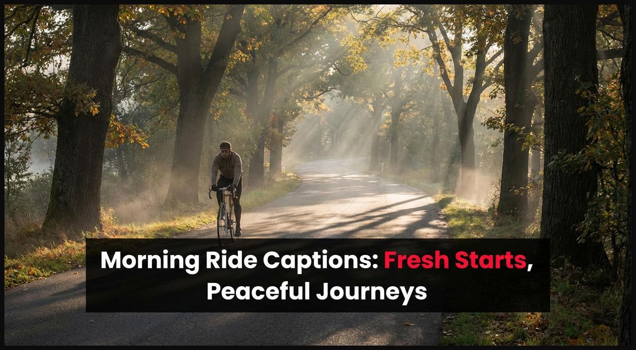 A motorcyclist enjoying a peaceful ride on a tree-lined road in the soft light of early morning.