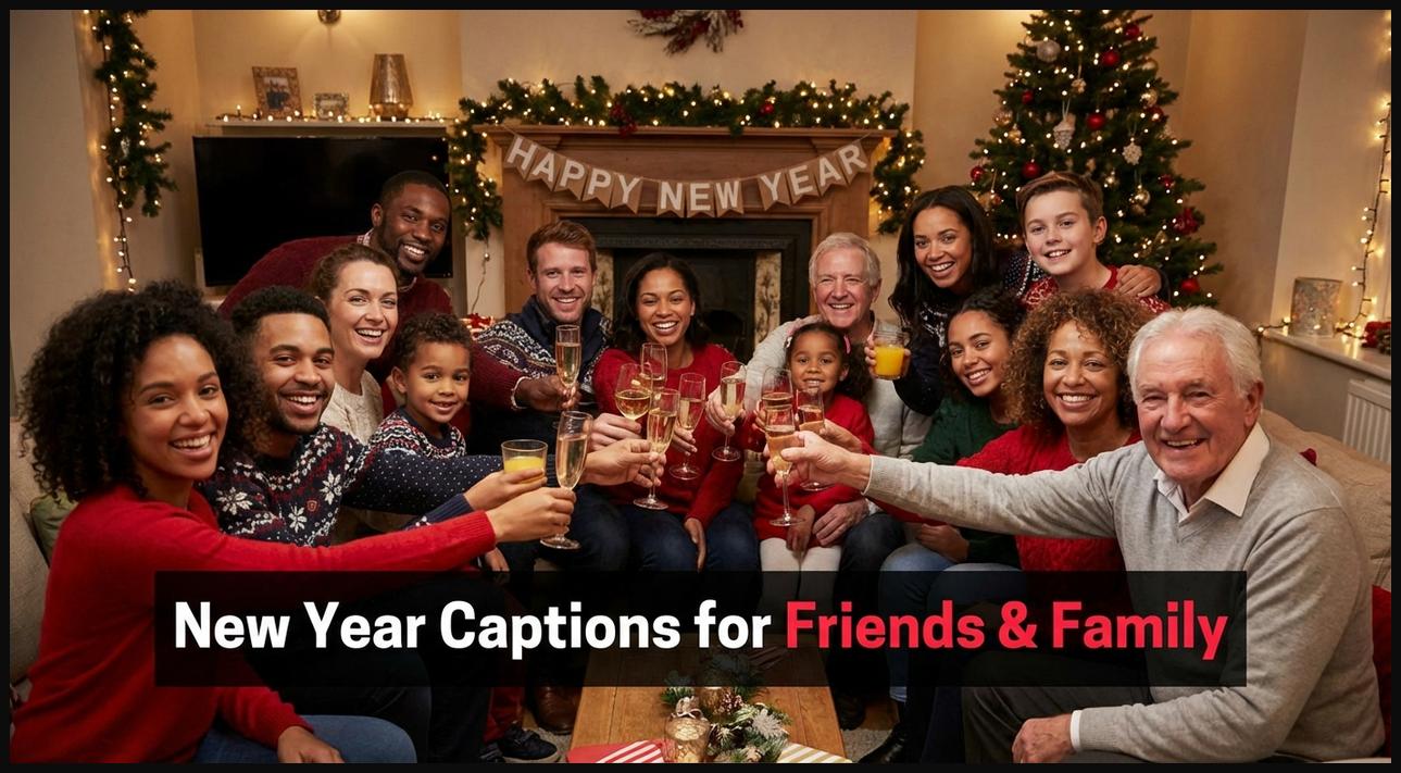 Diverse group of friends and family toasting at a New Year celebration, sharing joyous captions.