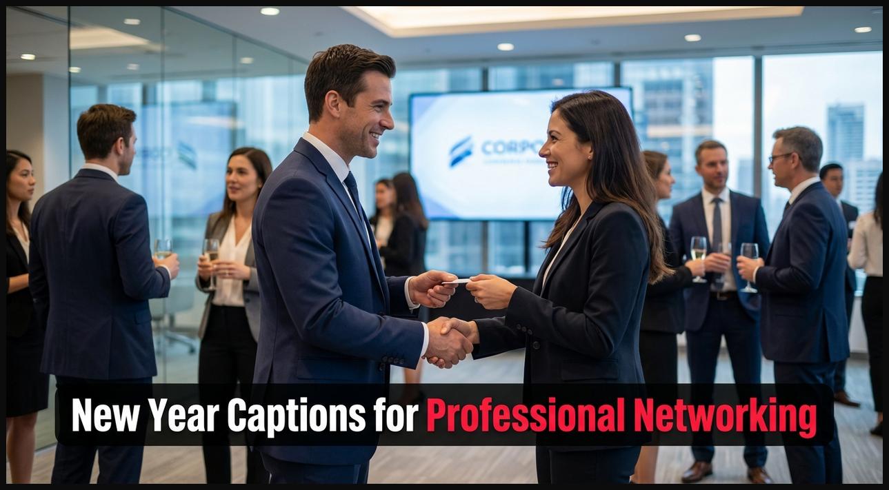 Business professionals shaking hands and networking at an event, suitable for professional New Year captions.