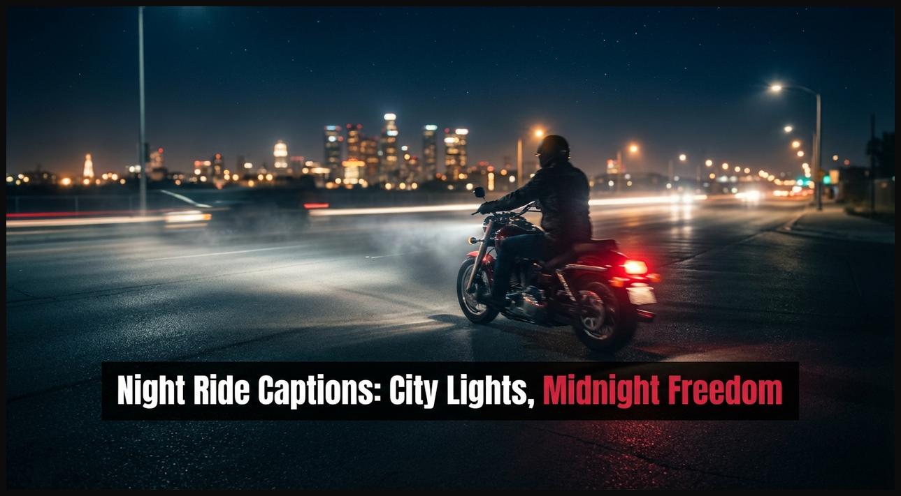 A motorcyclist rides through the night, with city lights subtly blurred in the background, conveying a sense of nocturnal freedom.