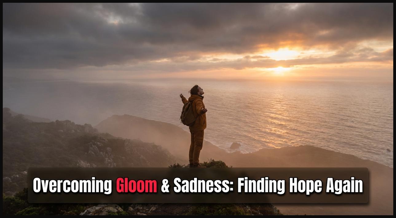 A person looking at a sunrise, symbolizing overcoming gloom and sadness, finding hope and new beginnings.