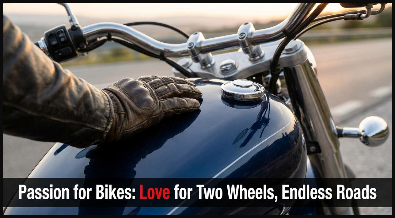 A biker's gloved hand resting affectionately on a motorcycle's fuel tank, symbolizing a deep passion for biking.