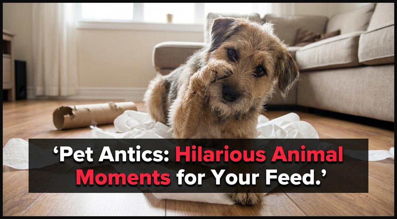 A playful pet, like a dog or cat, engaged in a funny, mischievous, or cute activity.