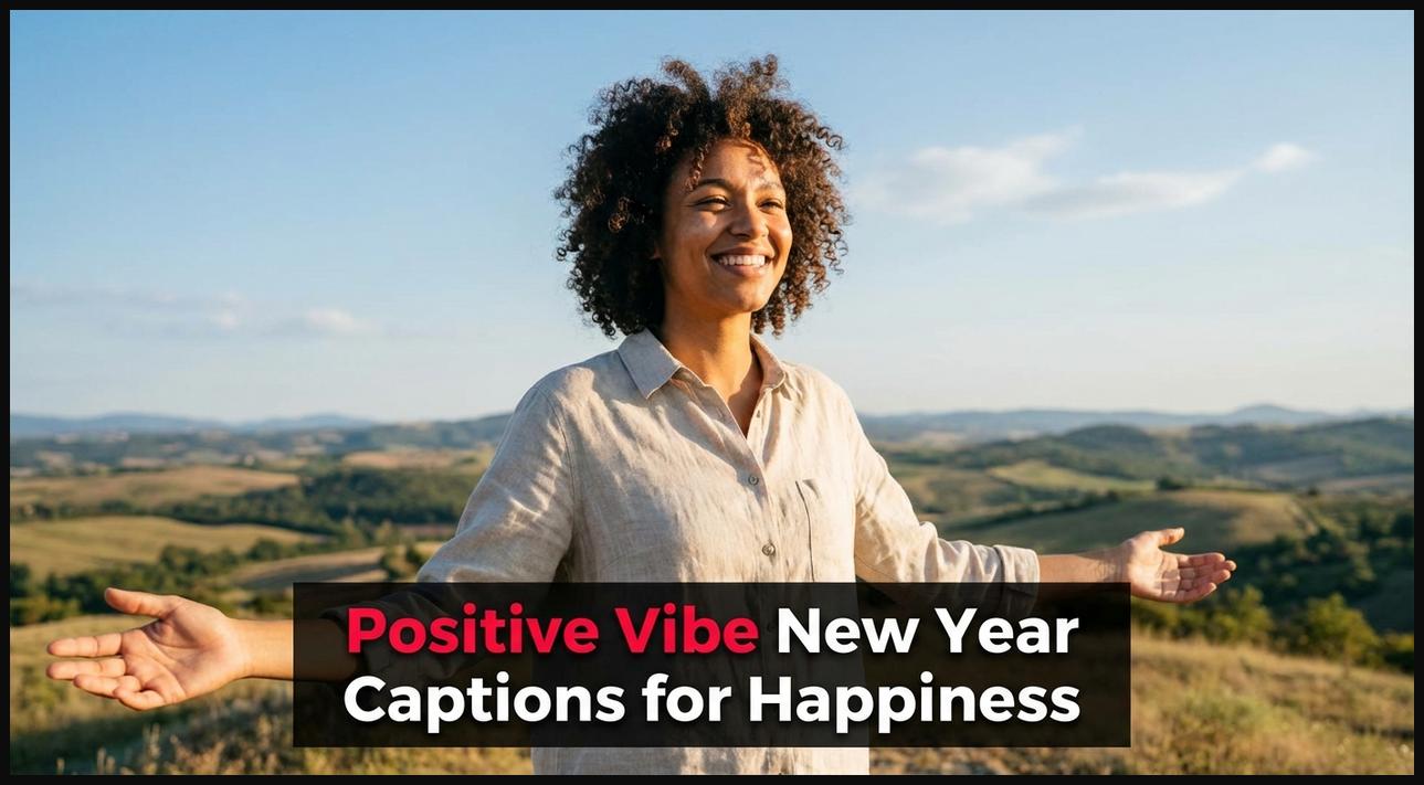 Person smiling and embracing a sunny sky, symbolizing positive vibe New Year captions and optimism.