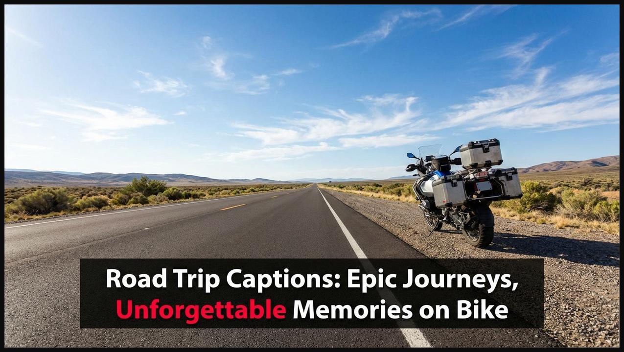 A motorcycle parked on the side of a long, open highway, representing the vastness of a road trip.