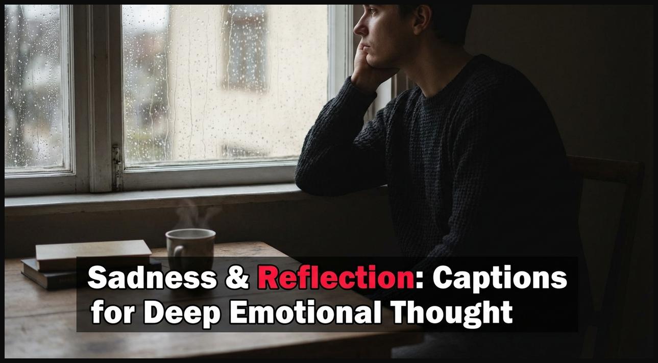 A person reflecting deeply while looking out a rainy window, symbolizing sadness and introspection for captions.