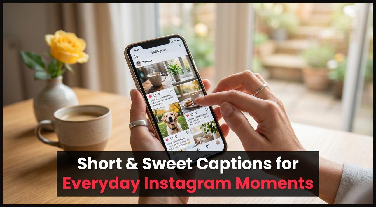 Person scrolling through a social media feed on a smartphone, displaying various short and sweet Bangla Instagram captions on screen, illustrating brief expressions for daily life.