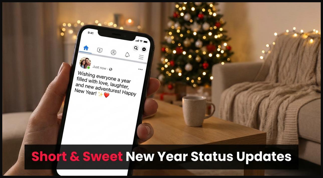 Smartphone screen showing a short and sweet New Year status update in a cozy setting.