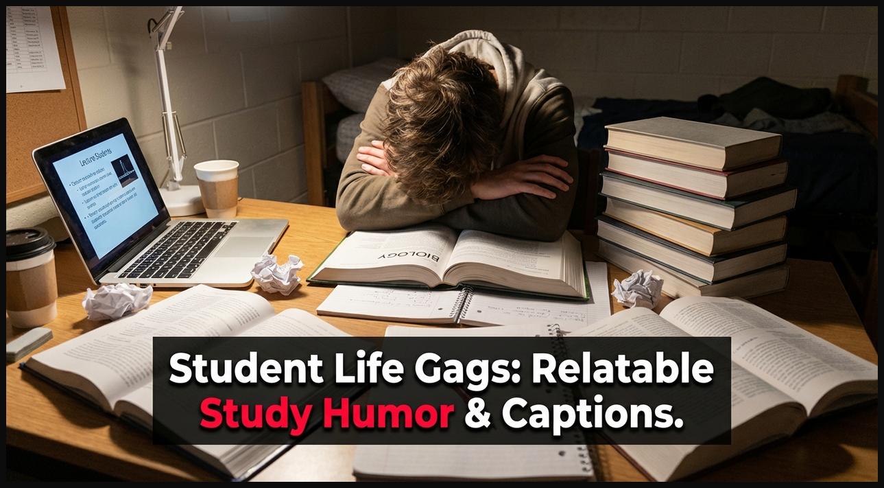 A student overwhelmed with books and notes, humorously depicting typical study life challenges.