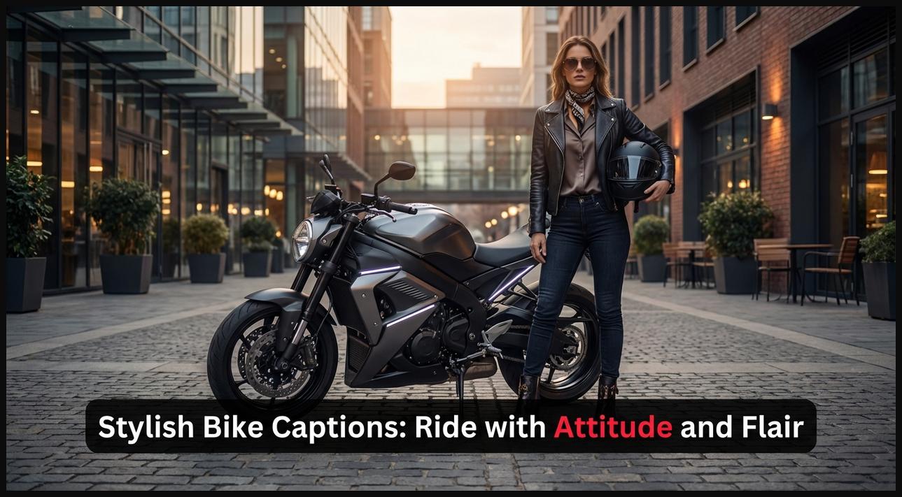 A stylishly dressed biker stands next to a sleek, modern motorcycle in an urban setting, representing captions with flair.