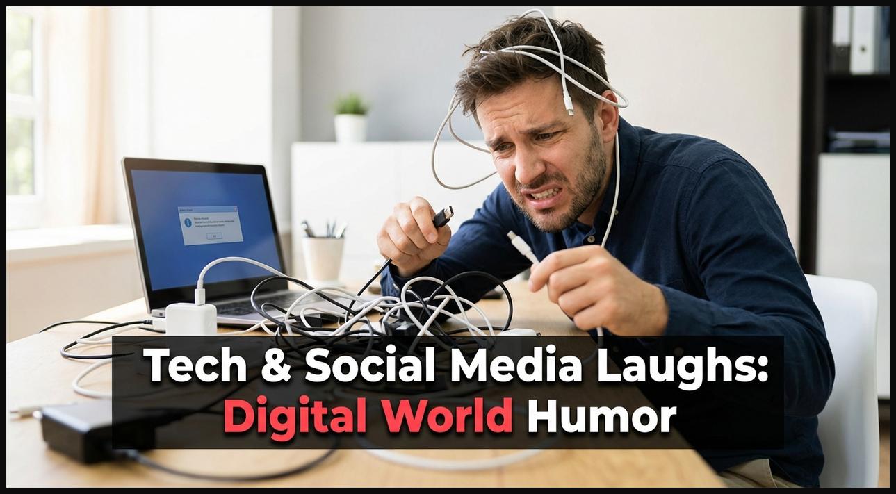 A person comically engrossed with a smartphone or laptop, highlighting social media humor.