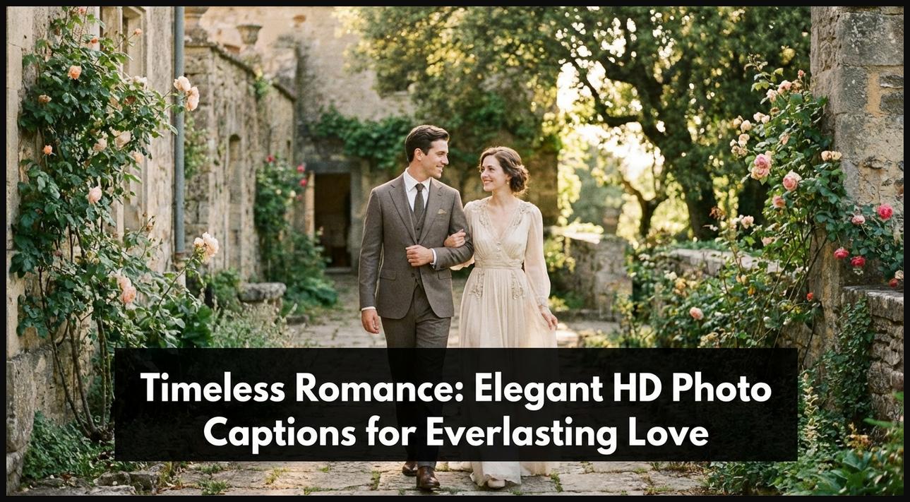 An elegantly dressed couple sharing a timeless romantic moment, suitable for classic HD photo captions.