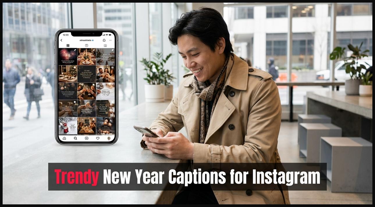 Stylish person scrolling through Instagram, showcasing trendy New Year captions on their feed.